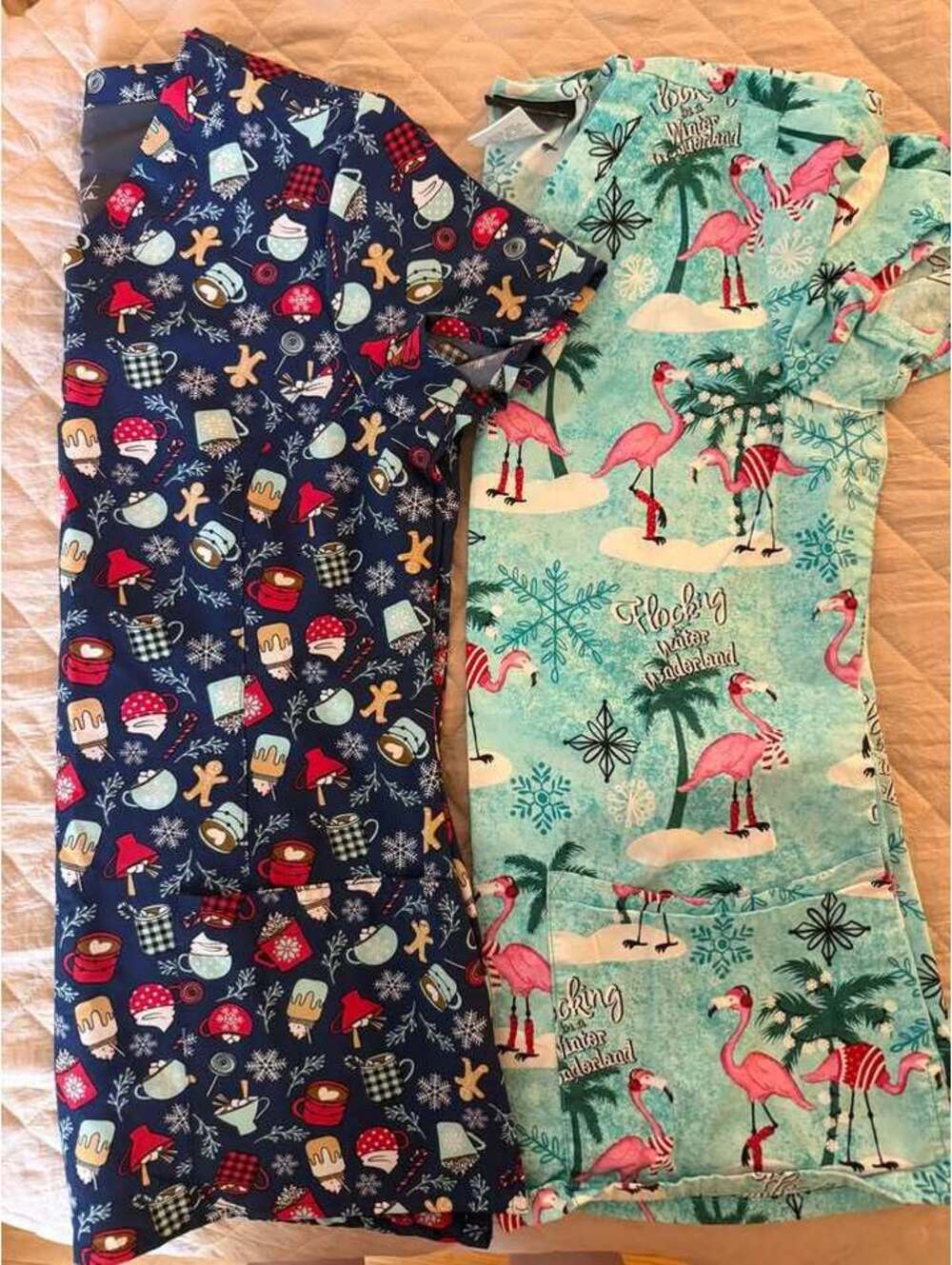 Set of 2 -XS Christmas Themed Scrub Tops EUC